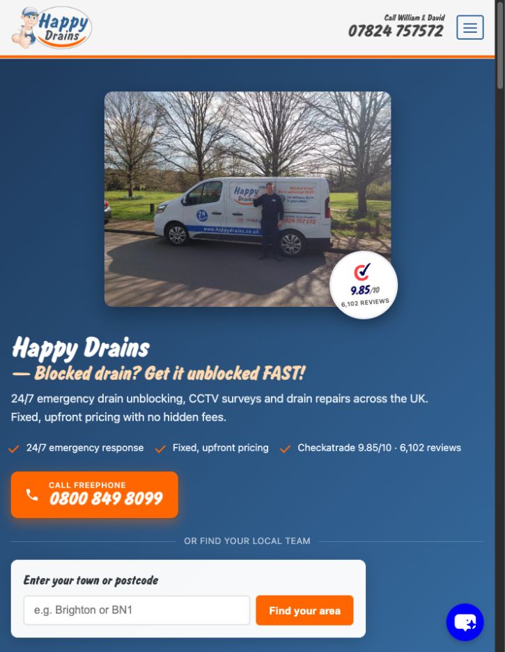 Happy Drains website showing drainage services and a local-area search.